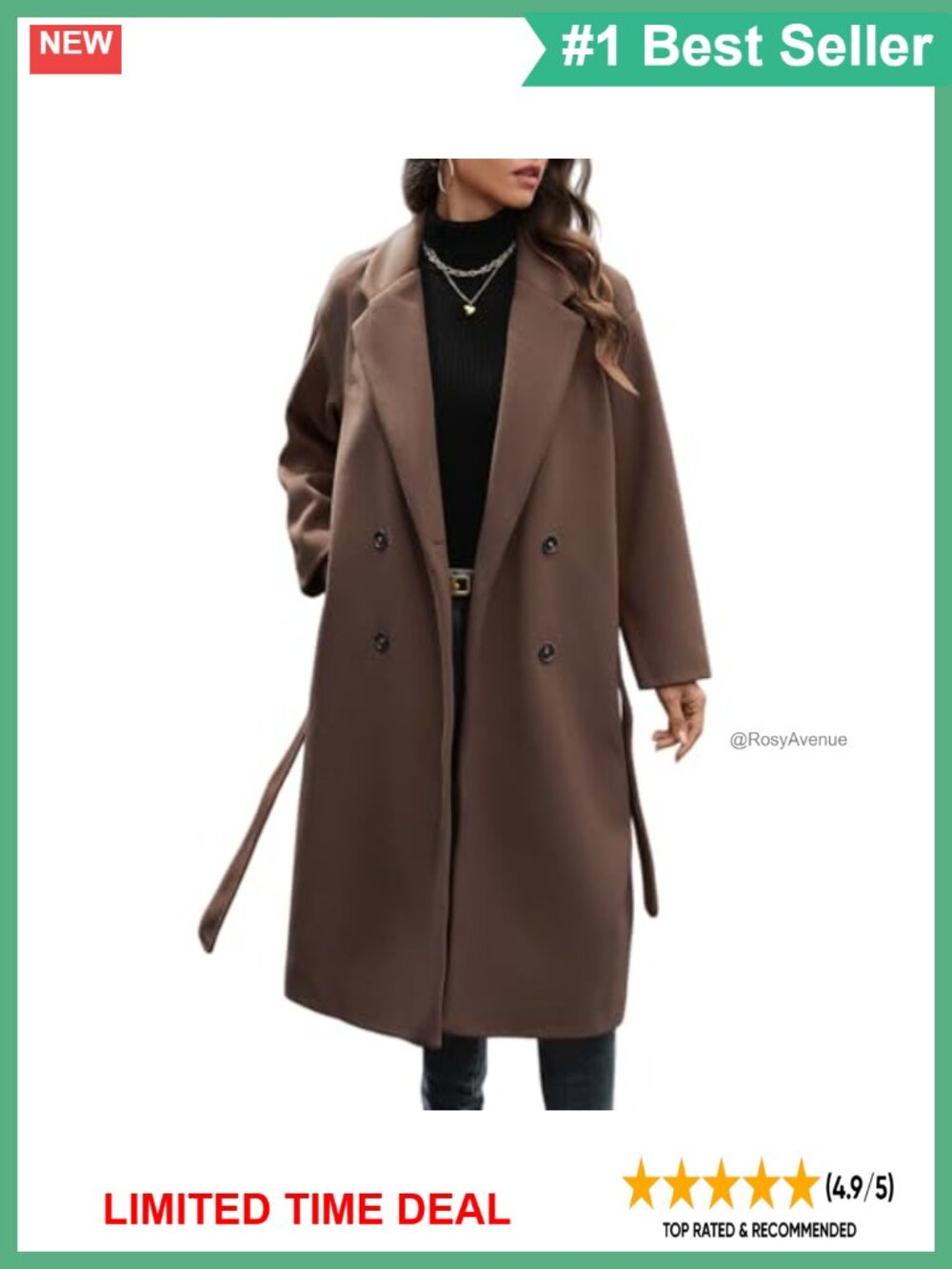 Women's Long Trench Coat Double Breasted Belted Wool Blend Overcoat